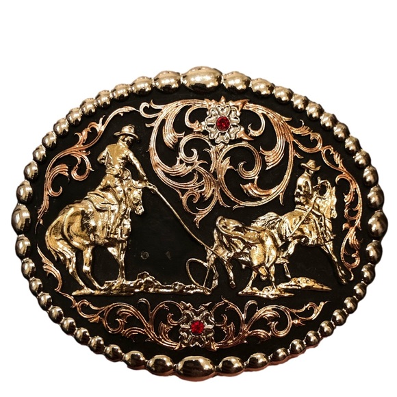 Other - Western belt buckle black gold large cowboy cowgirl team roping horse rodeo